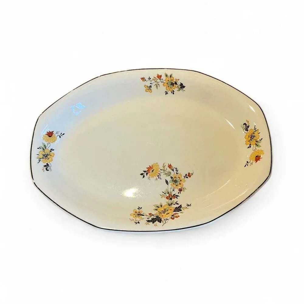 Vintage Homer Laughlin yellow floral oval serving‎ plate platter